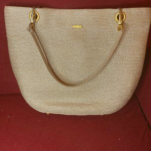 ERIC JAVITS Squishee Clip Tote Silver Shimmer  Large Shoulder Straw Bag